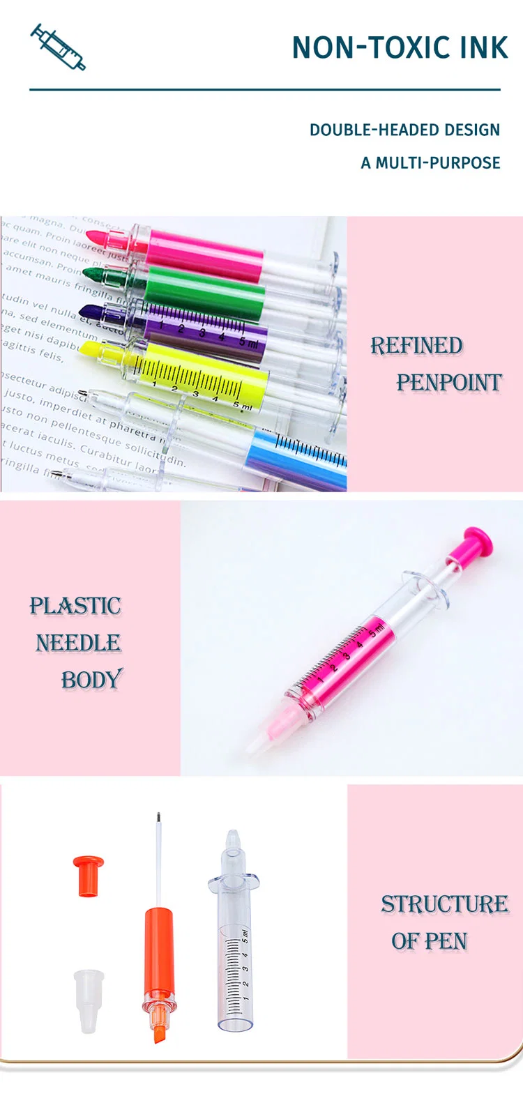 Double-Headed Colored Syringe Injection Shaped Marker Highlighter Pen