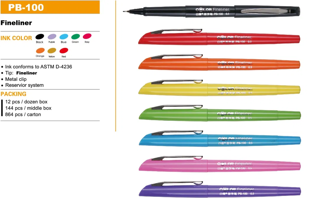 Office Supply Metal Clip Classical Design Assorted Ink Color Fineliner Pen