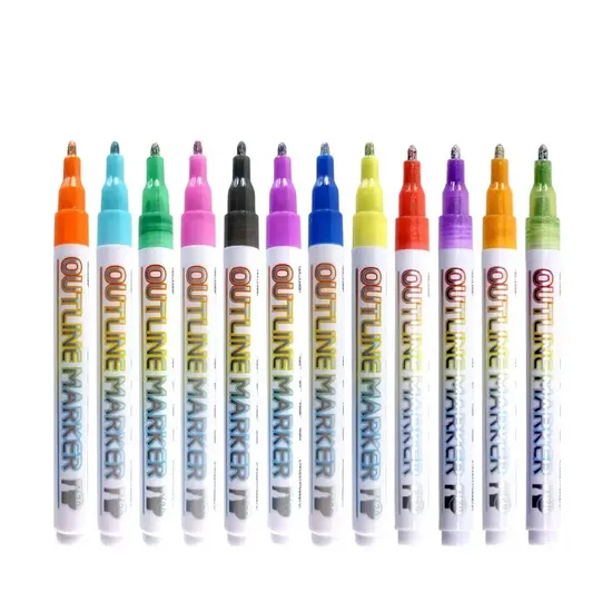 Wholesale Metallic Color Outline Marker Pens 12 /24 Colors Paint Permanent Metallic Double Line Markers for Kids 